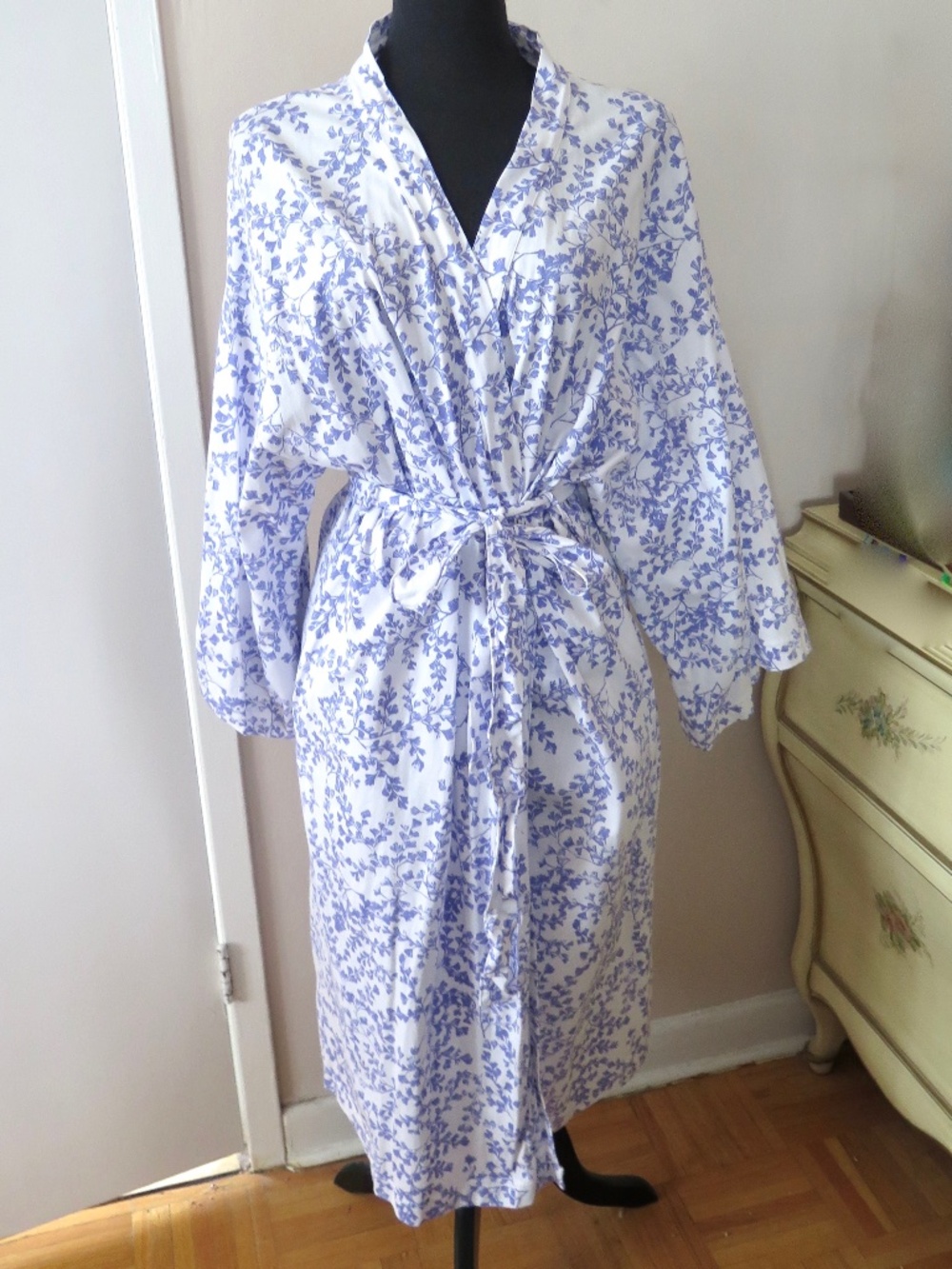 Garnet Hill Green Cotton Floral Robe, Kimono Style, Size XL
